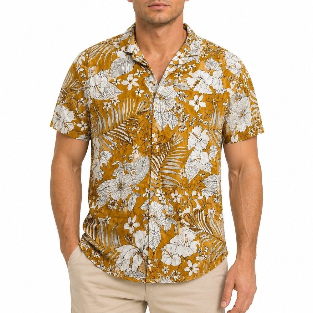 Denim & Flower Ricky Singh Hawaiian Aloha Shirt Small Tropical Floral Gold White
